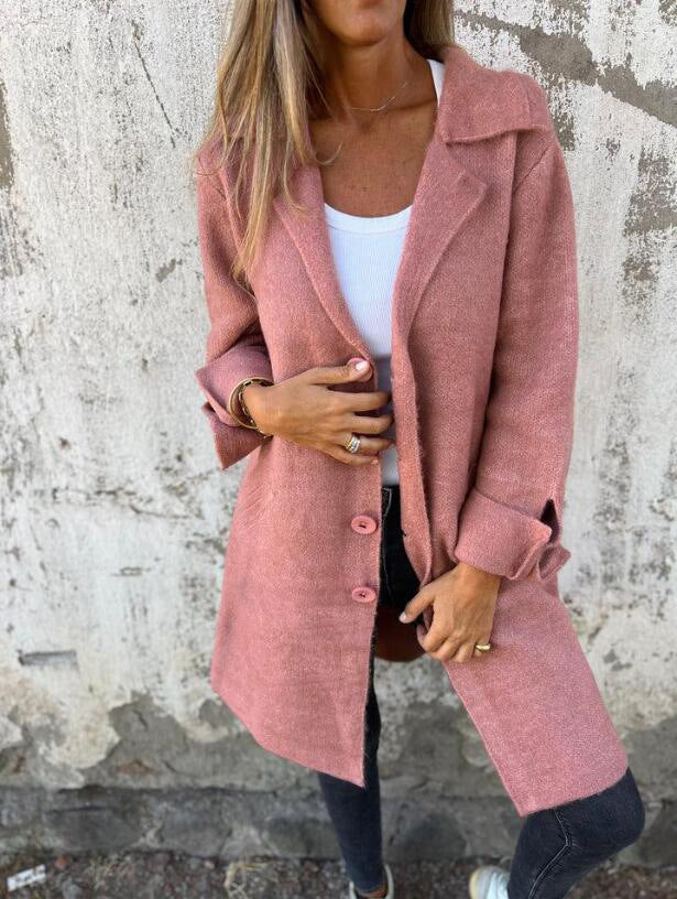 Lapel Single Breasted Cardigan With Pockets Fashion Color Solid Mid-Length Outwear Coat Womens Clothing chicpolly