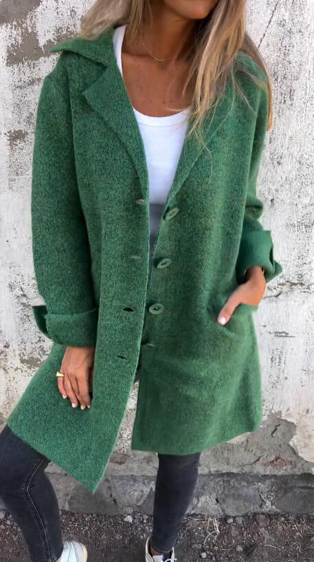 Lapel Single Breasted Cardigan With Pockets Fashion Color Solid Mid-Length Outwear Coat Womens Clothing chicpolly