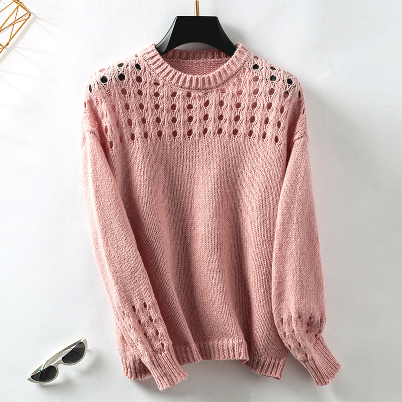 Cross Border Hollow Sweater Pullover Solid Color Round Neck Clothing Top chicpolly