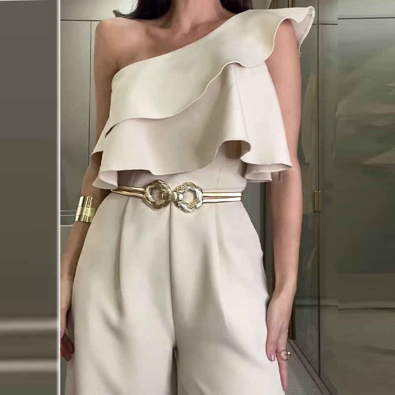 Women's Solid Color Design Irregular Ruffled Slim Fit Bodysuit chicpolly