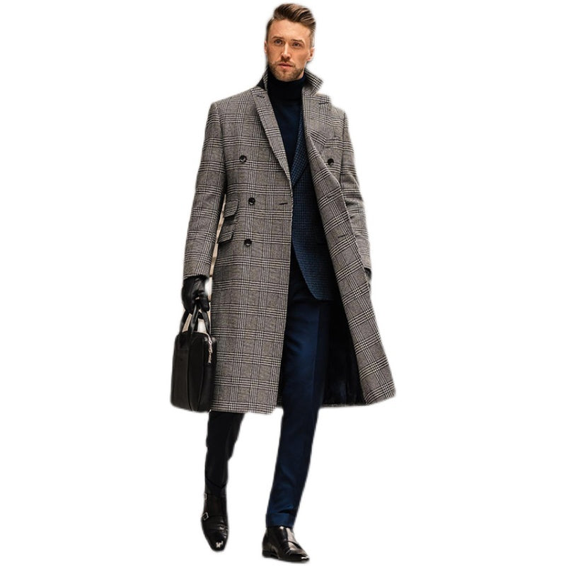 Full Wool Suit Collar Medium Length Double Breasted Checked Overcoat chicpolly