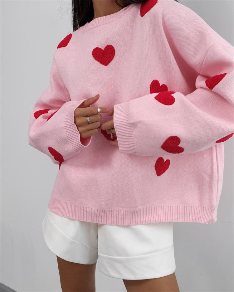 Long Sleeve Loose Heart-shaped Round Neck Sweater For Women chicpolly