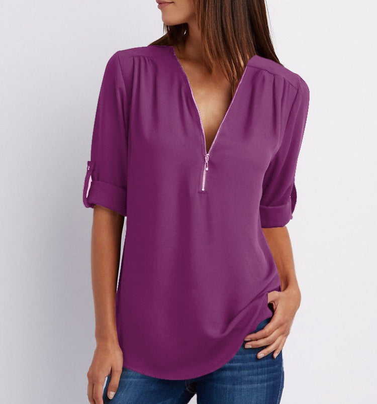 Zip V-neck Shirts Women Short Sleeve Loose Tops chicpolly