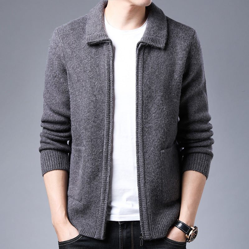 Men's Zipper Knitted Alpaca Fleecefiber Lapel Casual Jacket chicpolly