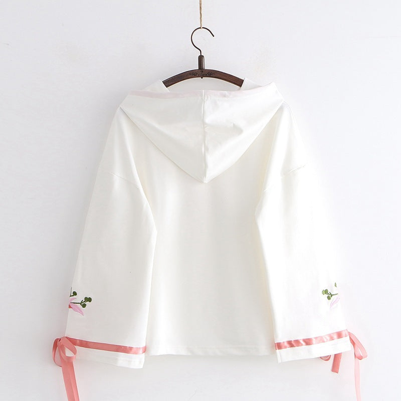 Women's Floral Embroidery Hooded Flare Sleeve Hoodies Sweatshirts Casual Pullovers chicpolly