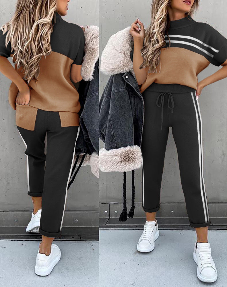 Casual Round Neck Loose Sports Wind Pocket Color Matching Suit chicpolly