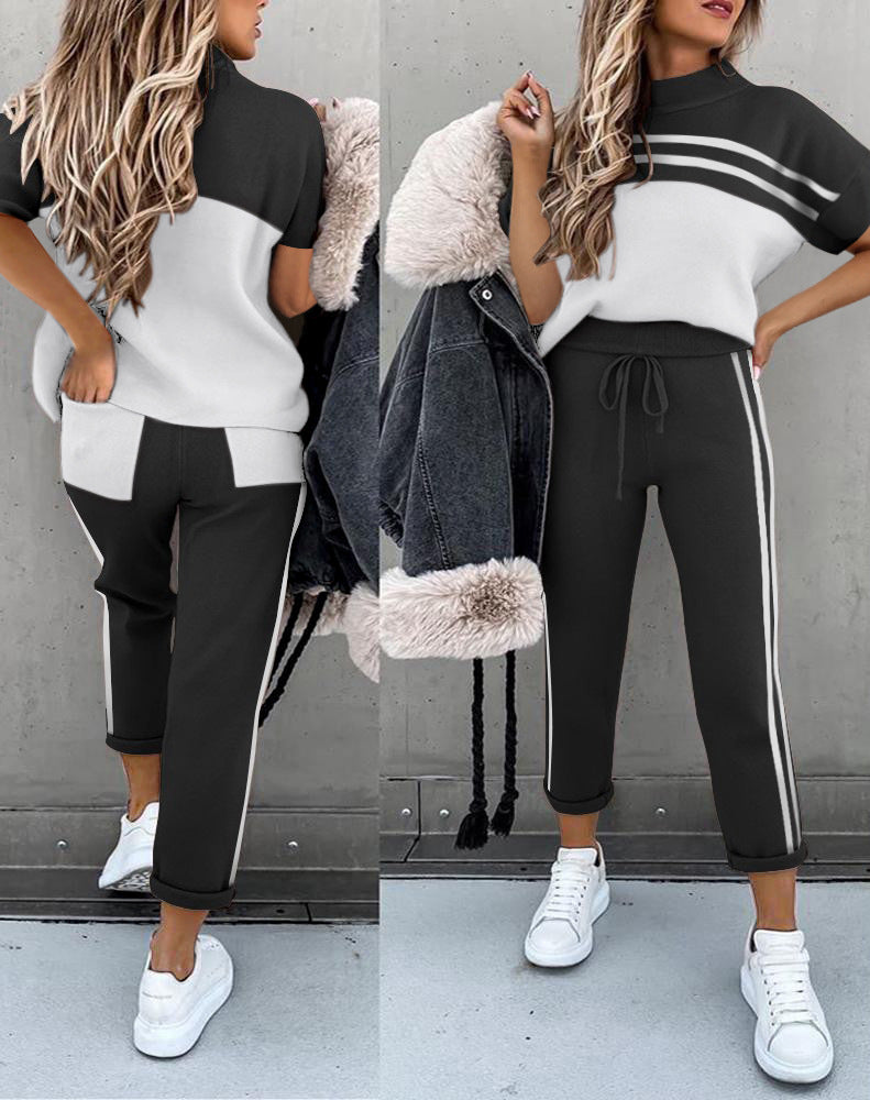 Casual Round Neck Loose Sports Wind Pocket Color Matching Suit chicpolly