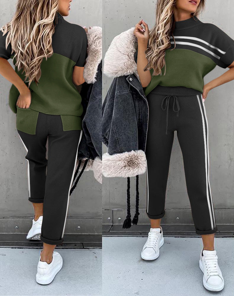 Casual Round Neck Loose Sports Wind Pocket Color Matching Suit chicpolly