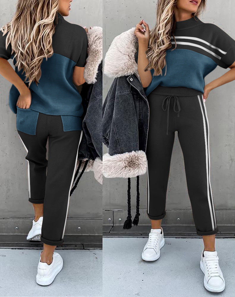 Casual Round Neck Loose Sports Wind Pocket Color Matching Suit chicpolly