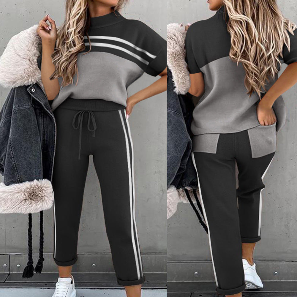 Casual Round Neck Loose Sports Wind Pocket Color Matching Suit chicpolly