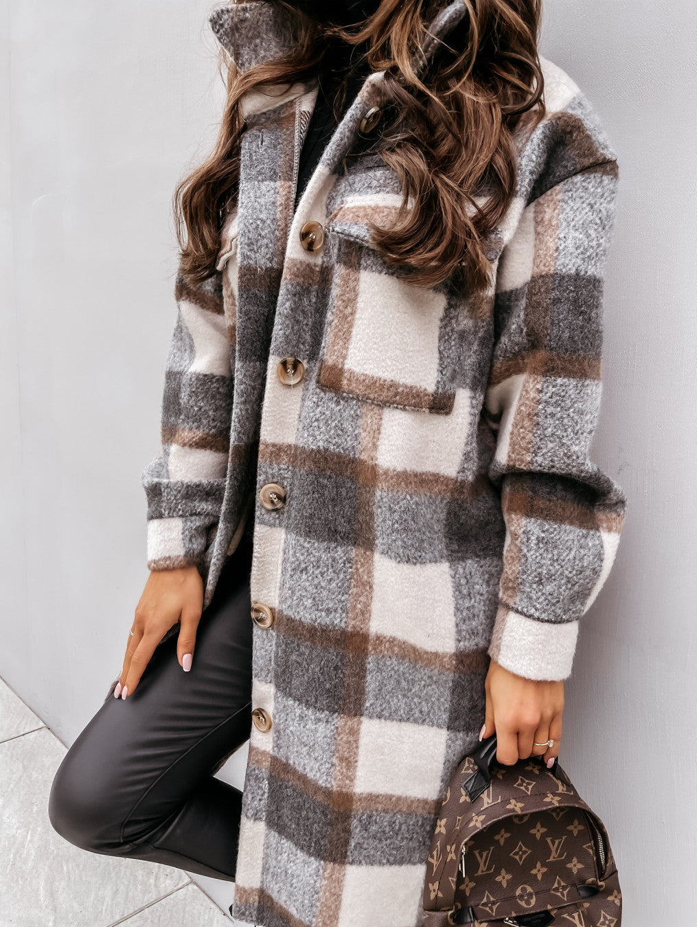 Button Lapel Casual Warm Plaid Long Woolen Coat chicpolly