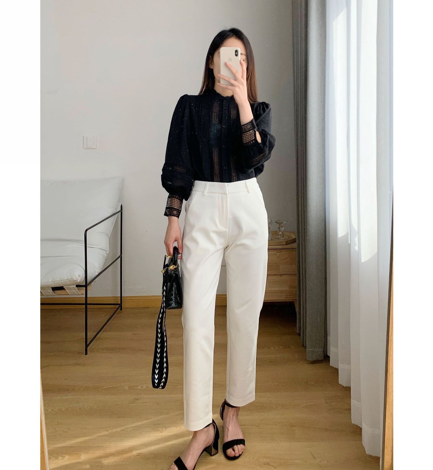 Mid-High-Waisted, Straight-Leg, Slim-Leg, Nine-Point Casual Pants chicpolly