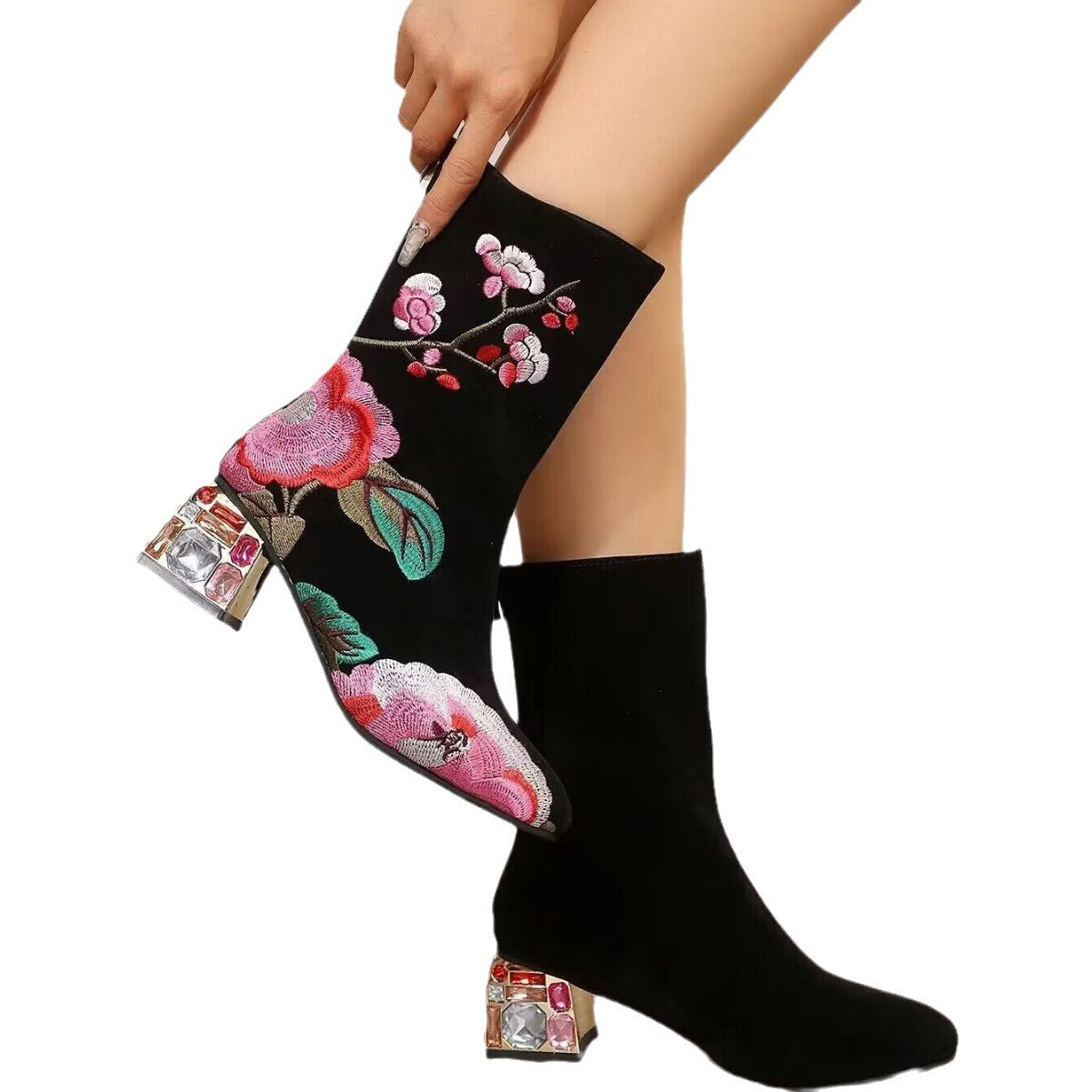 Flower Mid-calf Vintage Embroidery Autumn And Winter Women's Boots chicpolly