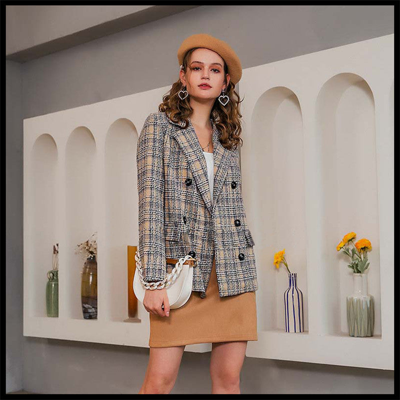 Double-breasted check blazer For Women chicpolly
