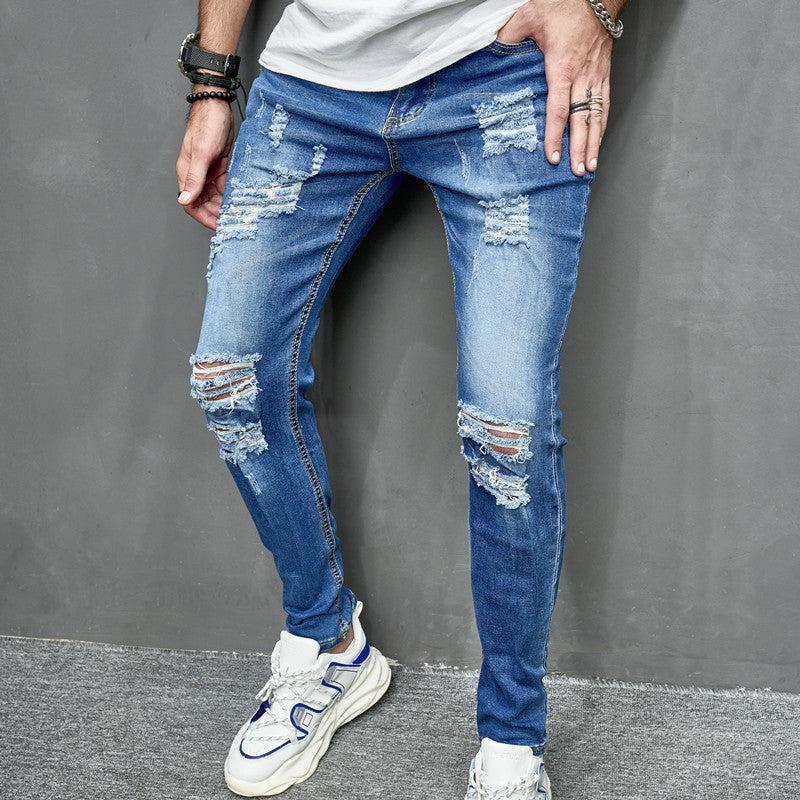 Men's Street Distressed Slim Fit Elastic Jeans chicpolly