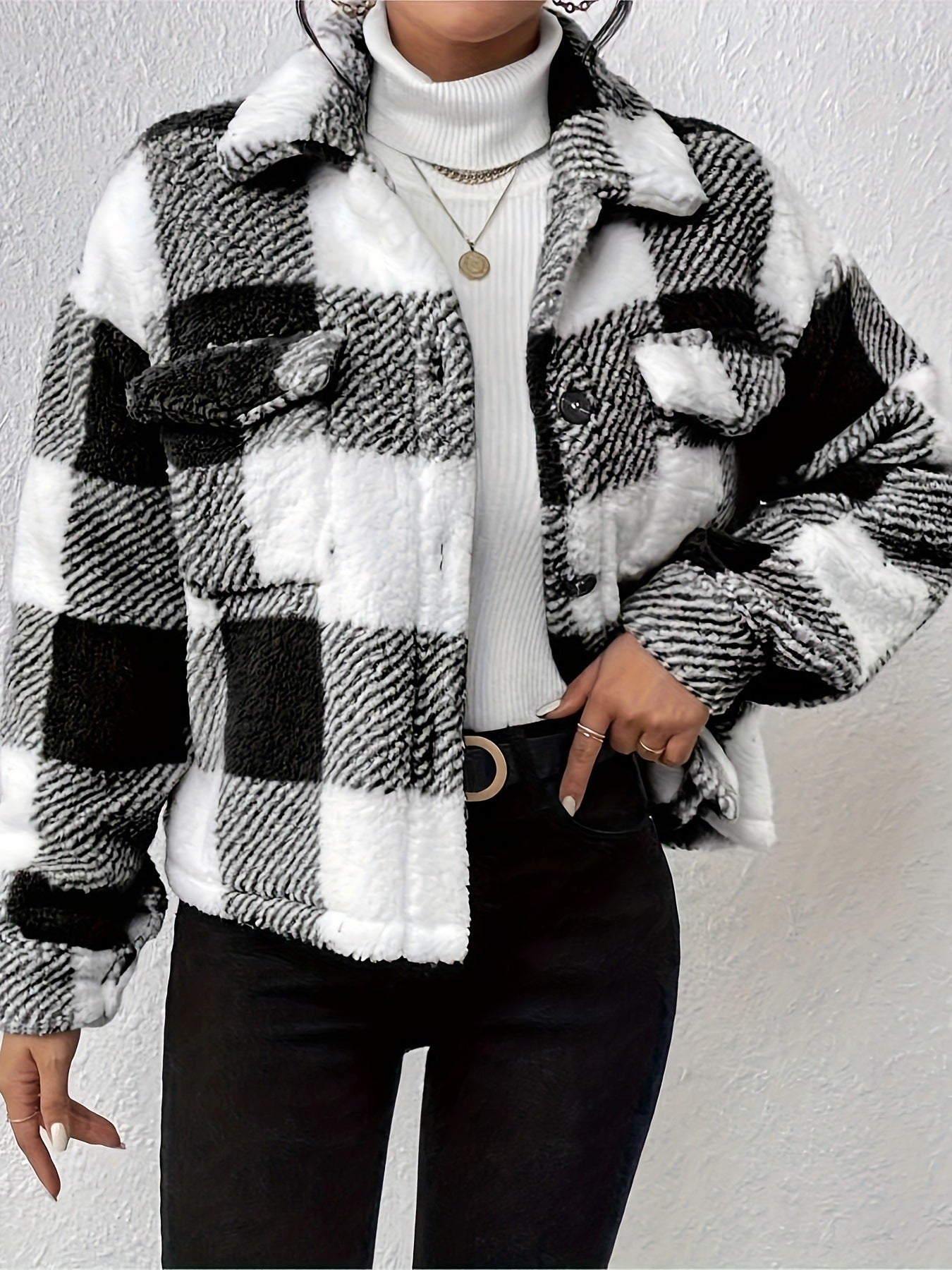 Double-sided Plush Patch Pocket Button Cardigan Casual Top Jacket For Women chicpolly