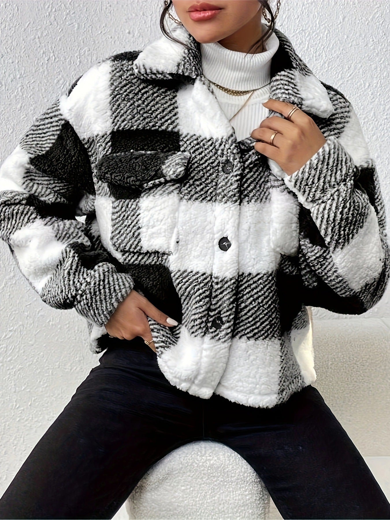 Double-sided Plush Patch Pocket Button Cardigan Casual Top Jacket For Women chicpolly