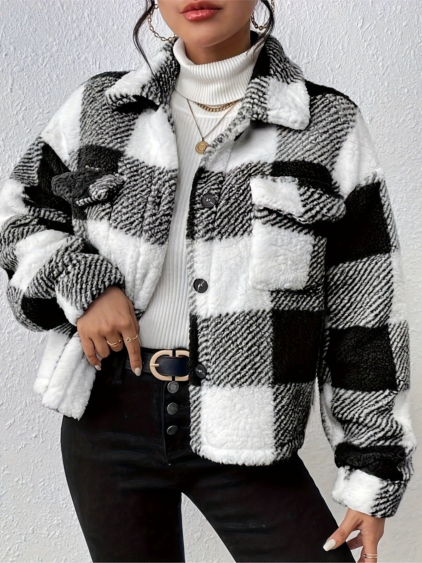Double-sided Plush Patch Pocket Button Cardigan Casual Top Jacket For Women chicpolly