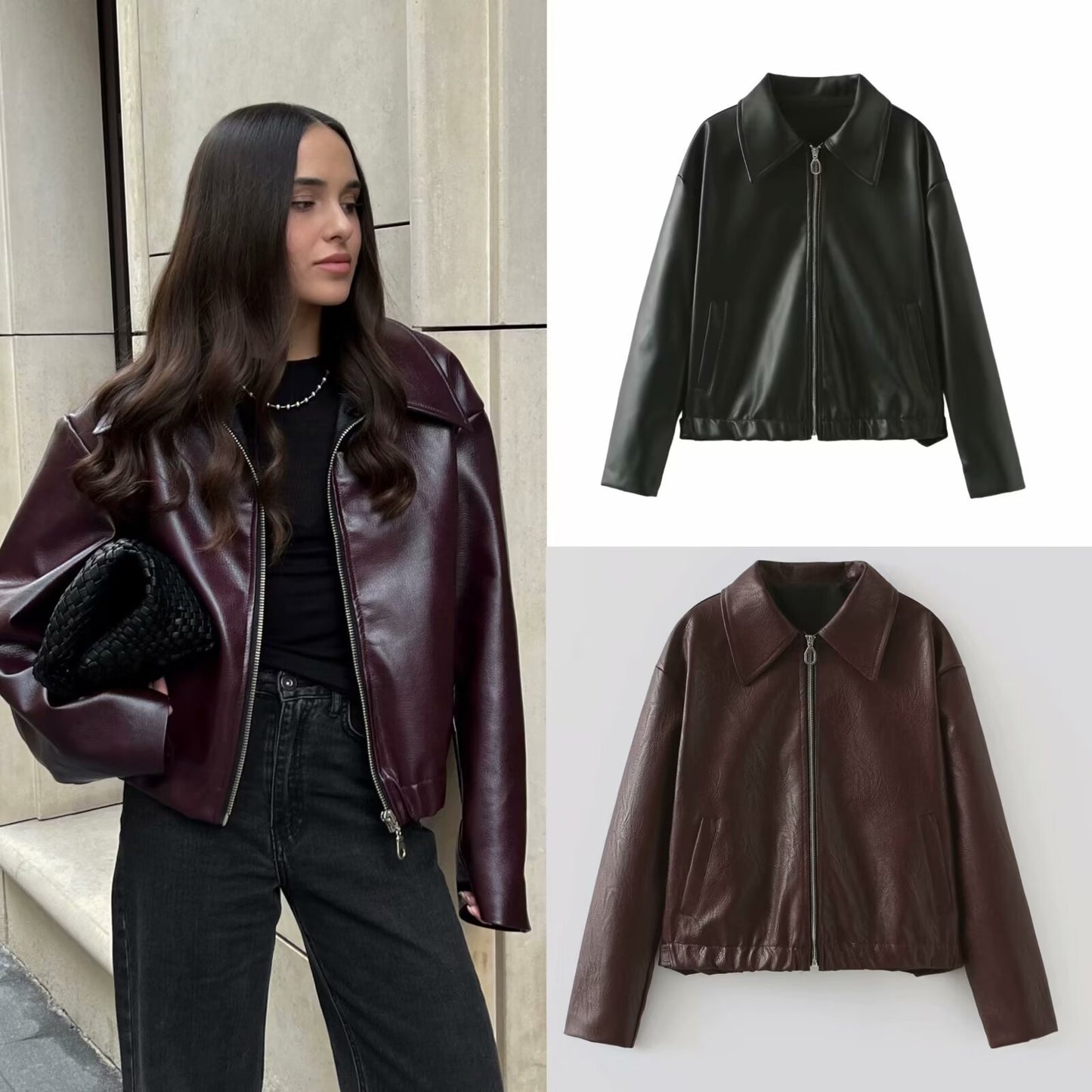 Solid Color Lapel Zipper Jacket Fashion Casual Long Sleeve Leather Coat Tops Women Clothing chicpolly