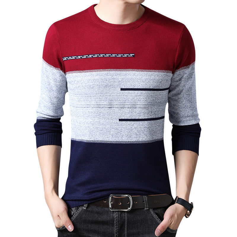 Winter Pullover Men Round Collar Striped Cotton Sweaters Slim Fit Pull Homme Knitwear chicpolly