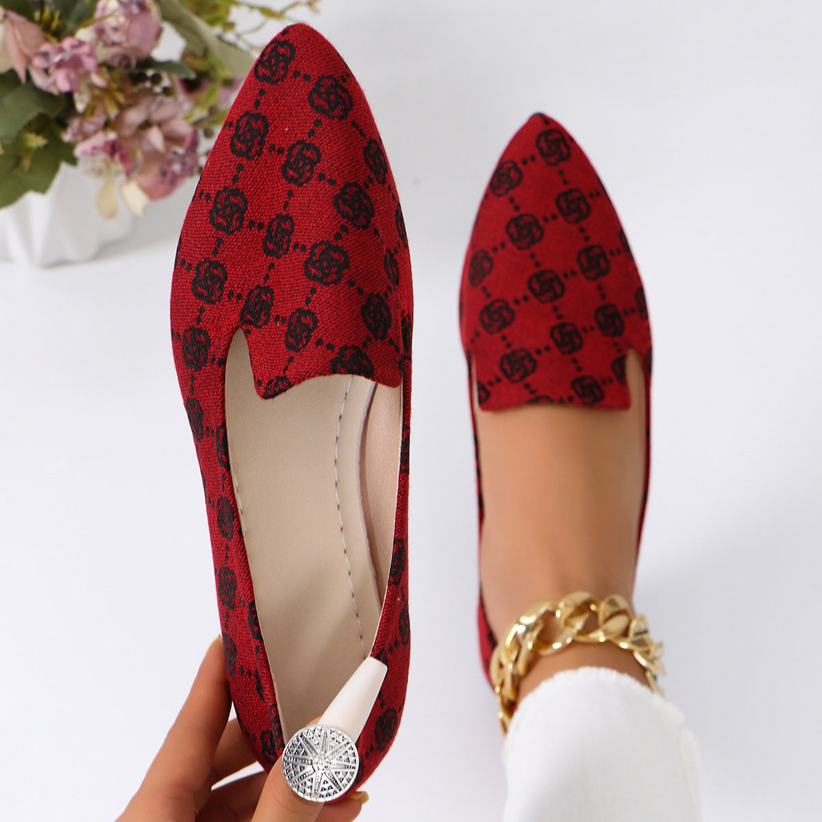 Rose Print Flats Shoes Fashion Casual Pointed Toe Canvas Loafers Lazy Shoes For Women chicpolly