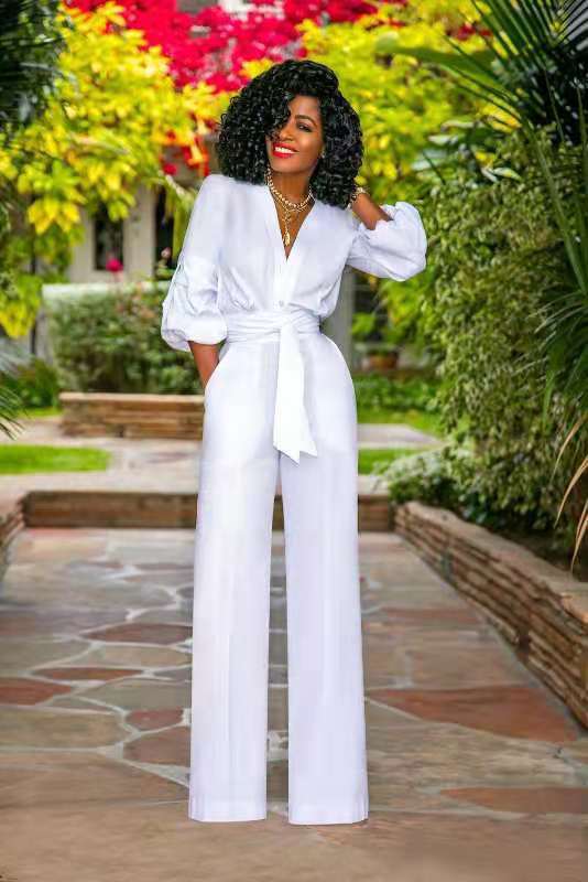 V-neck Long Sleeve Lace-up One-piece Women chicpolly