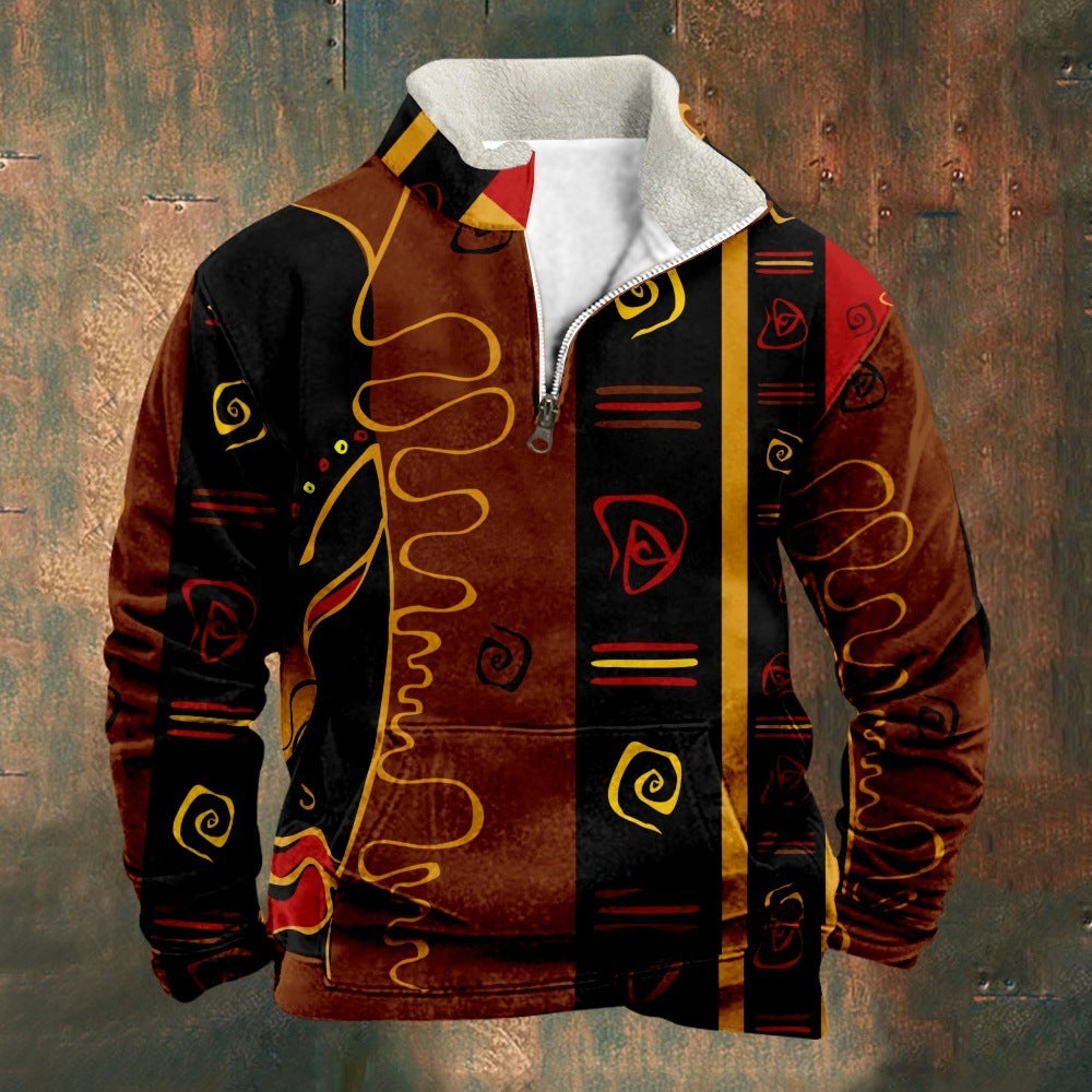 Tribal Pattern Peripheral 3D Digital Printing Casual Stand Collar Half Zipped Round Neck Bathroom chicpolly