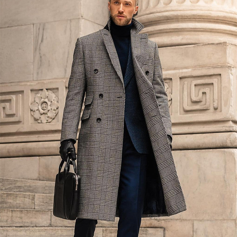 Full Wool Suit Collar Medium Length Double Breasted Checked Overcoat chicpolly