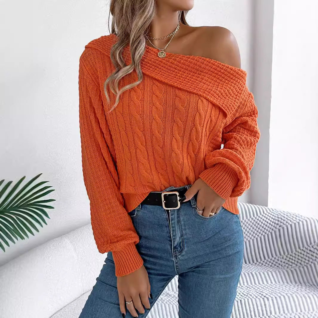 Lapel Off-the-shoulder Twist Long Sleeve Pullover chicpolly