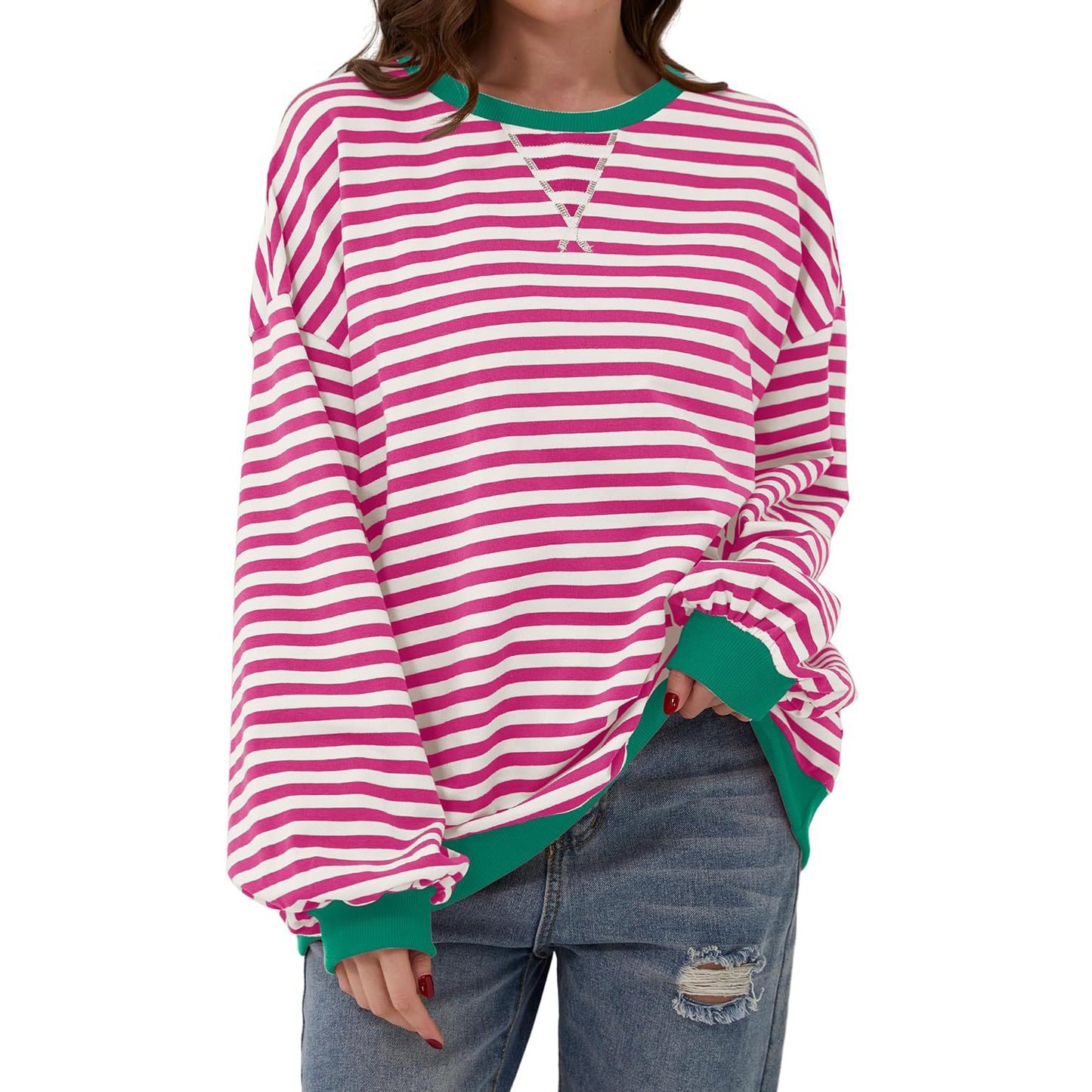 Loose Striped Long Sleeve T-shirt Casual Pullover Sweater For Womens Clothing chicpolly