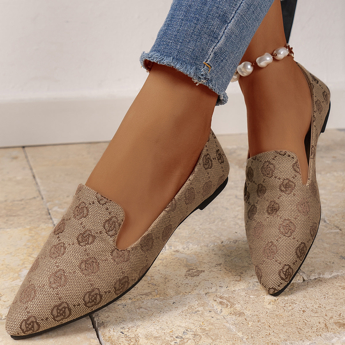 Rose Print Flats Shoes Fashion Casual Pointed Toe Canvas Loafers Lazy Shoes For Women chicpolly