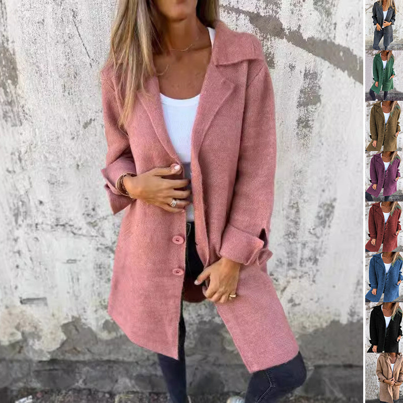 Lapel Single Breasted Cardigan With Pockets Fashion Color Solid Mid-Length Outwear Coat Womens Clothing chicpolly