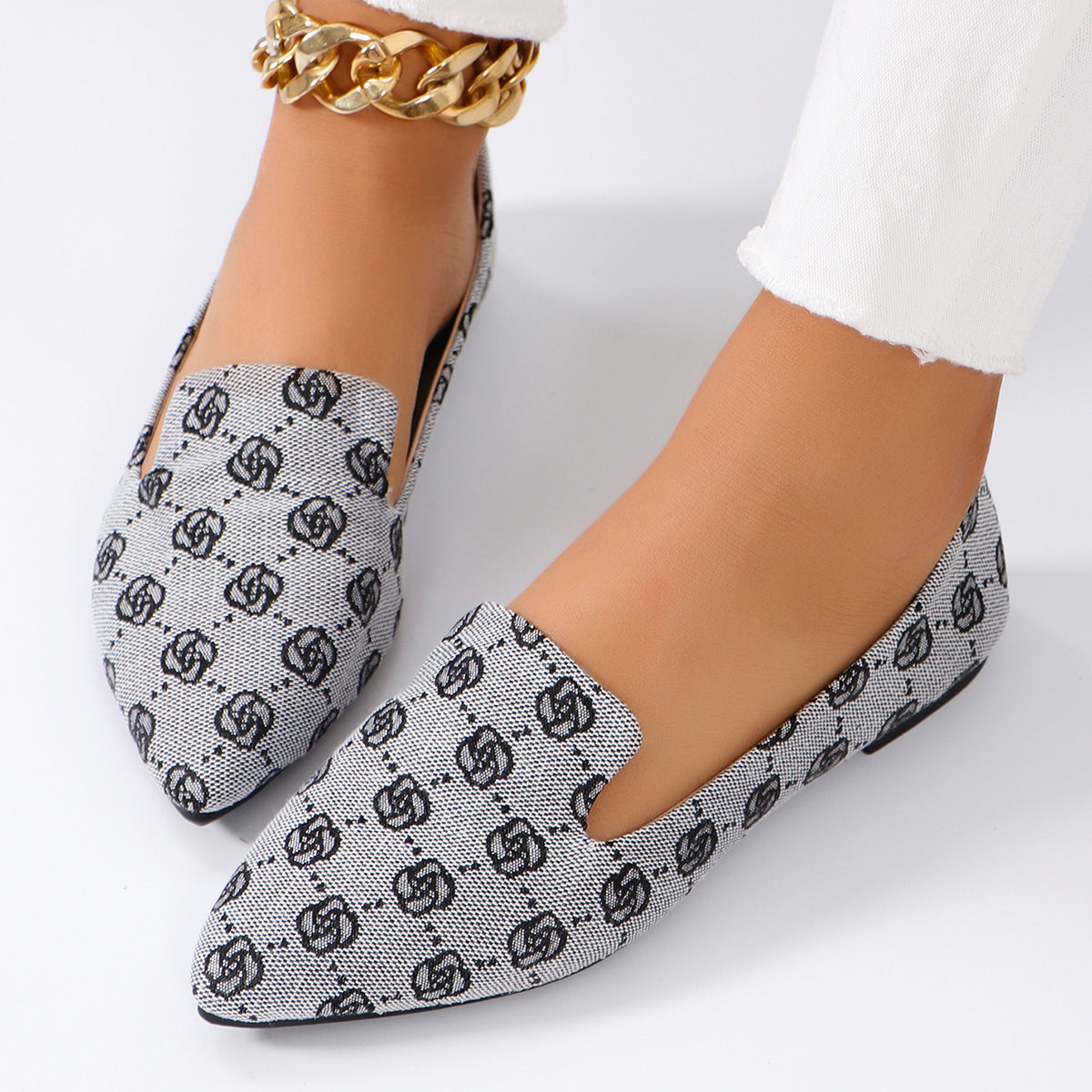 Rose Print Flats Shoes Fashion Casual Pointed Toe Canvas Loafers Lazy Shoes For Women chicpolly
