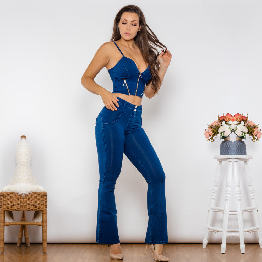 Shascullfites Shaper Set Dark Blue Bodysuit Zipper Push Up Top Middle Waist Flare Jeans Women Two Piece Clothes For Women chicpolly