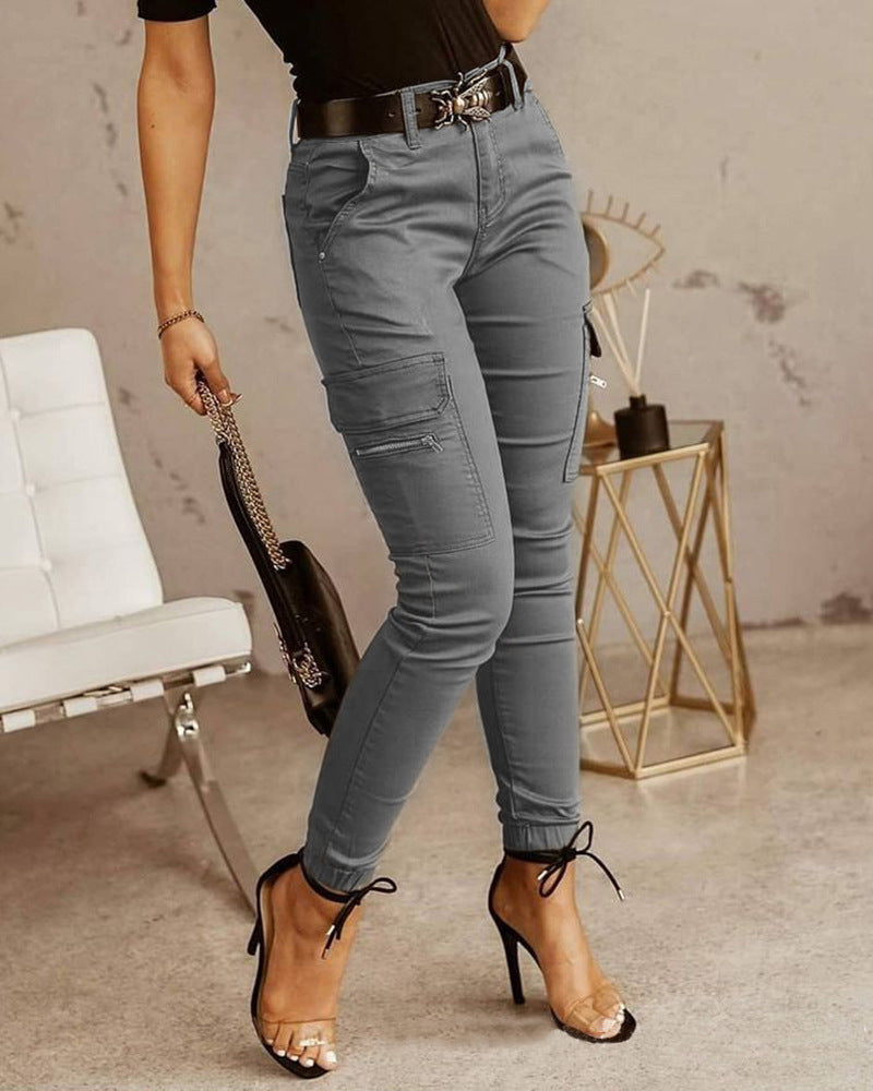 Women's Trousers, Low-waisted Buttons, Solid Color Pockets chicpolly