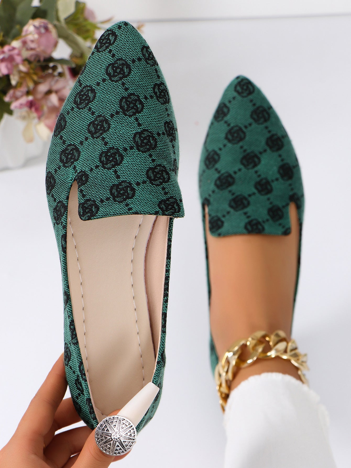 Rose Print Flats Shoes Fashion Casual Pointed Toe Canvas Loafers Lazy Shoes For Women chicpolly