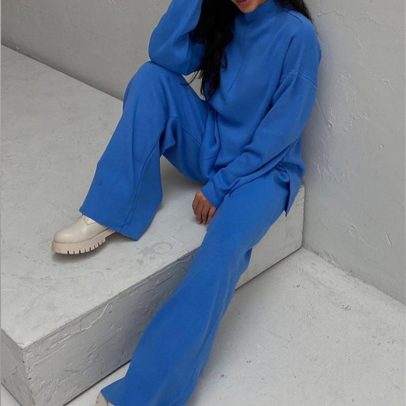 Long Sleeve Loose Casual Sweater Knit Top Trousers Set chicpolly
