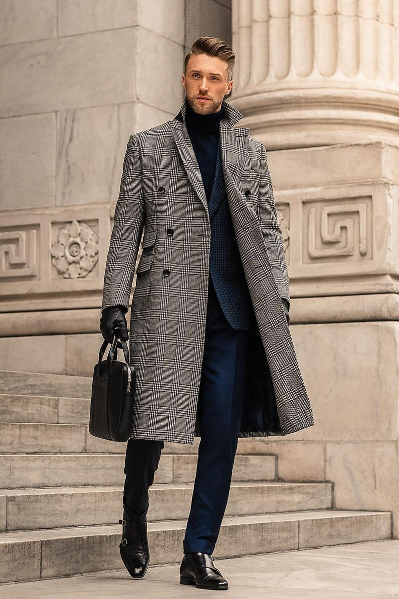 Full Wool Suit Collar Medium Length Double Breasted Checked Overcoat chicpolly
