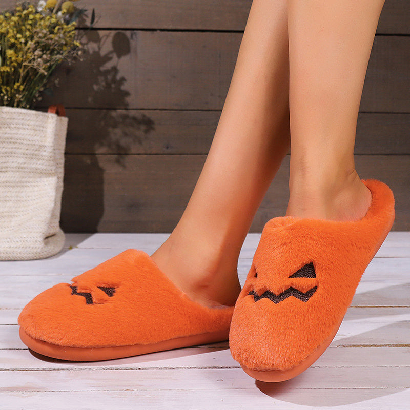 Cute Halloween Pumpkin Slippers Winter Warm Plush Bedroom Floor Home Slippers Casual Slip On Comfortable Cozy Indoor House Shoes chicpolly
