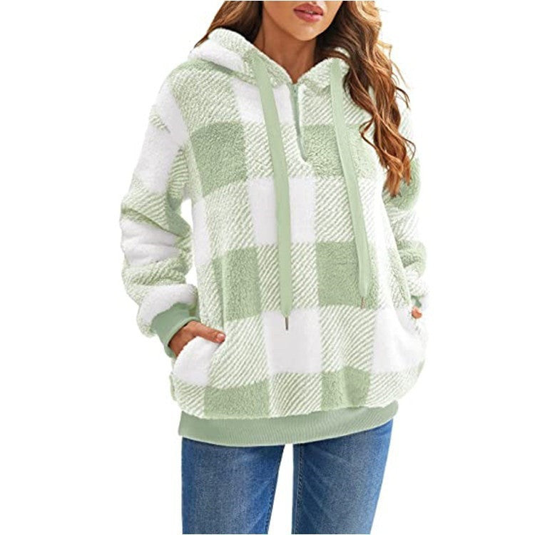 Fashion Plaid Hooded Sweatshirt With Pockets Casual Zipper Plush Tops For Womens Clothing chicpolly