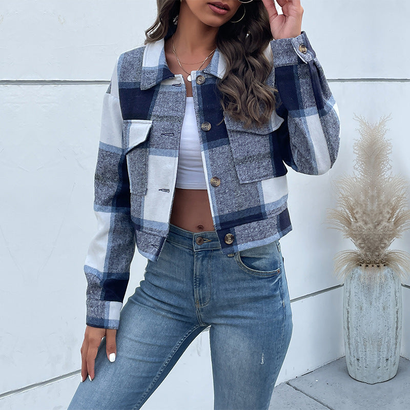 Plaid Lapel Cropped Jacket With Pockets Fashion Button Long Sleeve Short Outwear Tops Coat For Womens Clothing chicpolly
