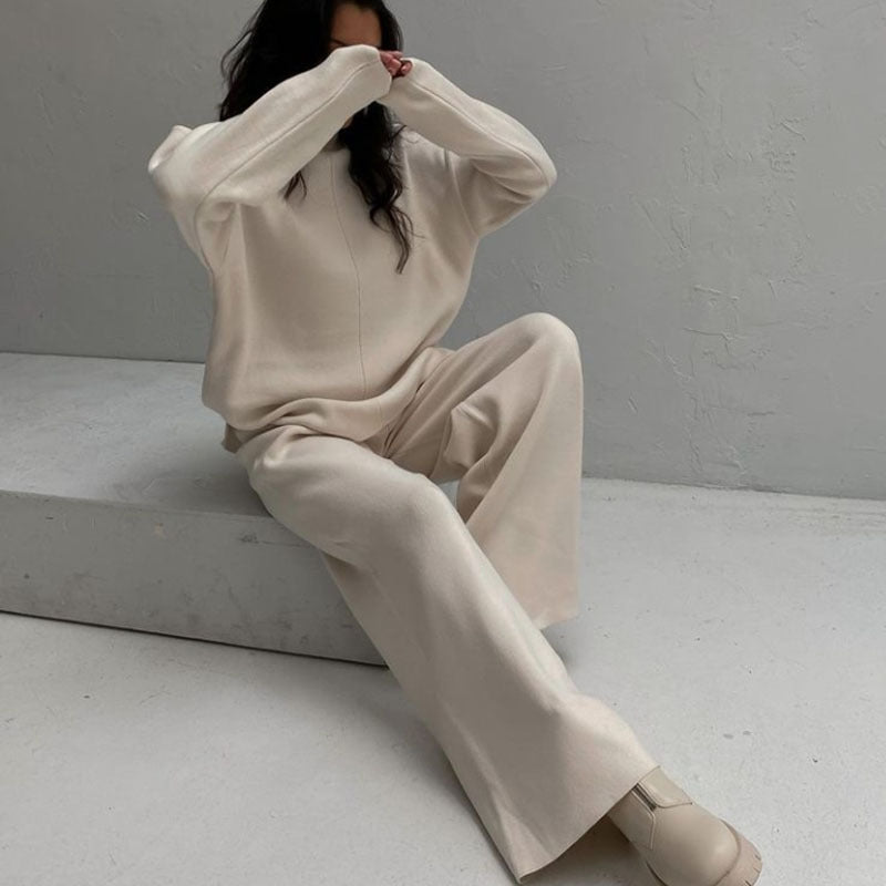 Long Sleeve Loose Casual Sweater Knit Top Trousers Set chicpolly