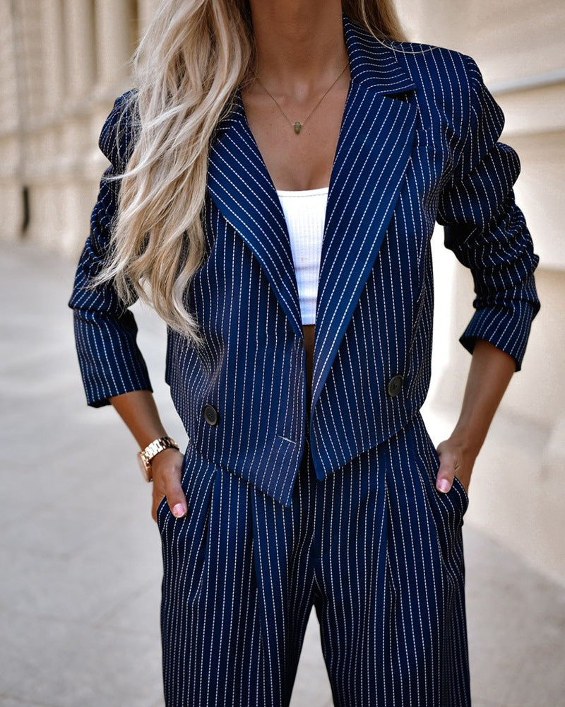 Fashion Striped Suits Casual Lapel Long Sleeve Cropped Top And Straight Pants Outfits Women's Clothing chicpolly