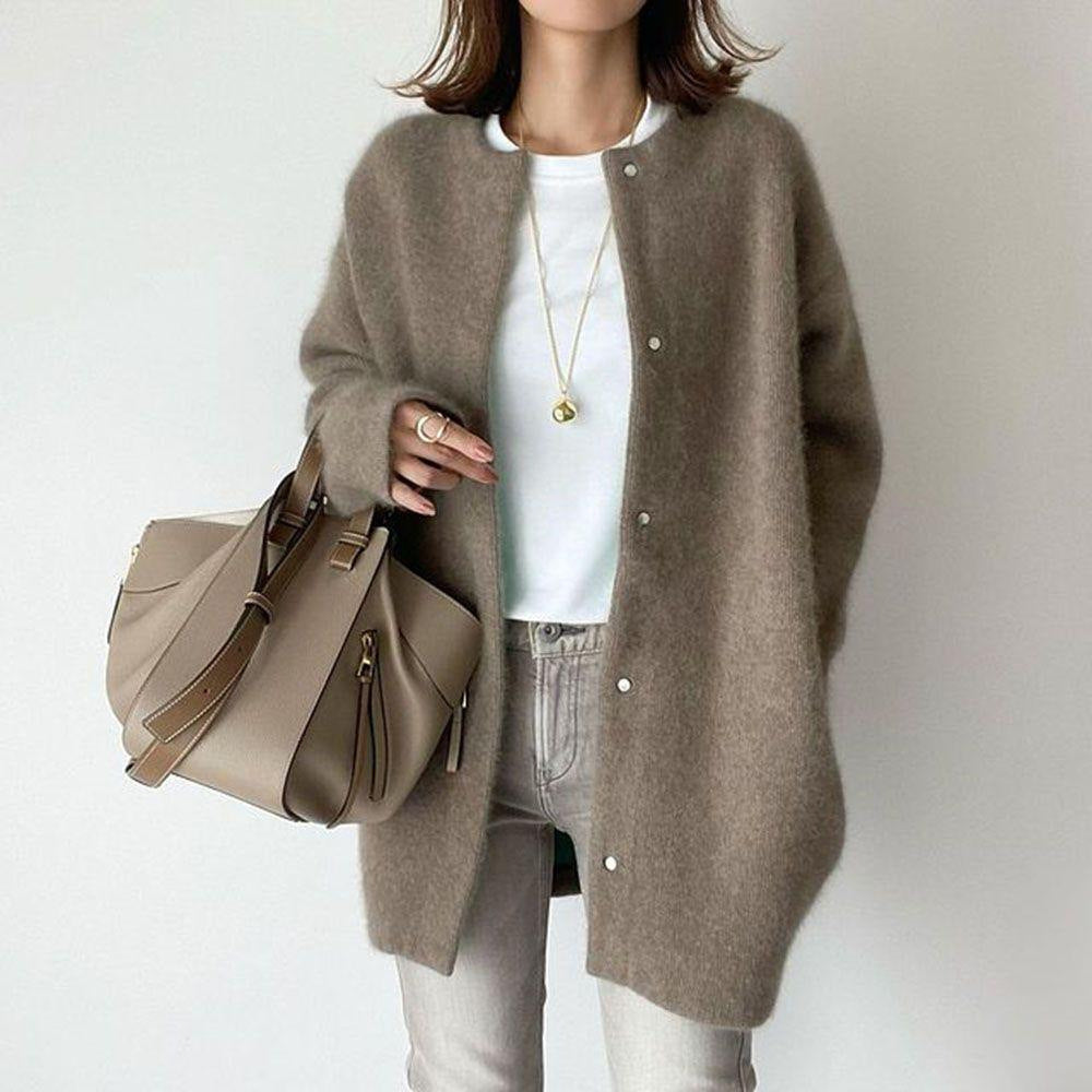 Loose Round Neck Single Breasted Cardigan Fashion Solid Color Coat Jacket Women's Clothing chicpolly