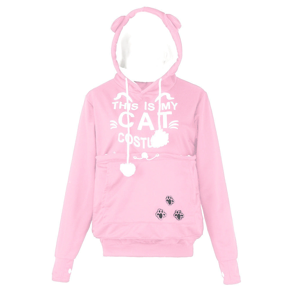 Letter Cat Face Printed Coat Alien Cat Kangaroo Long Sleeve Hooded Sweater Women chicpolly