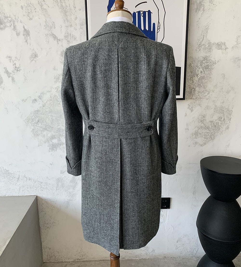 Polo Double Breasted Slim Vintage Tweed Men's Long English Wool Lapel Herringbone Coat chicpolly