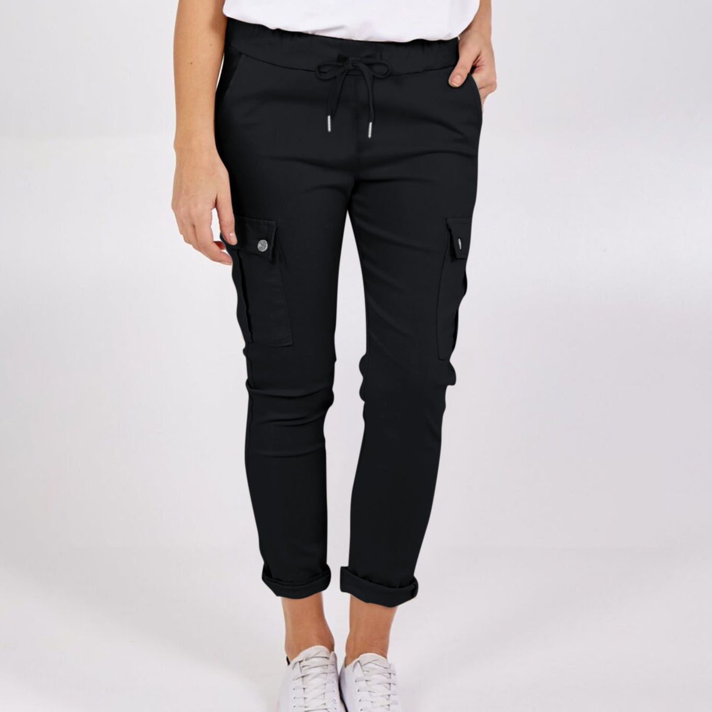 Casual Cargo Pants With Pockets Solid Color Drawstring Waist Pencil Trousers For Women chicpolly