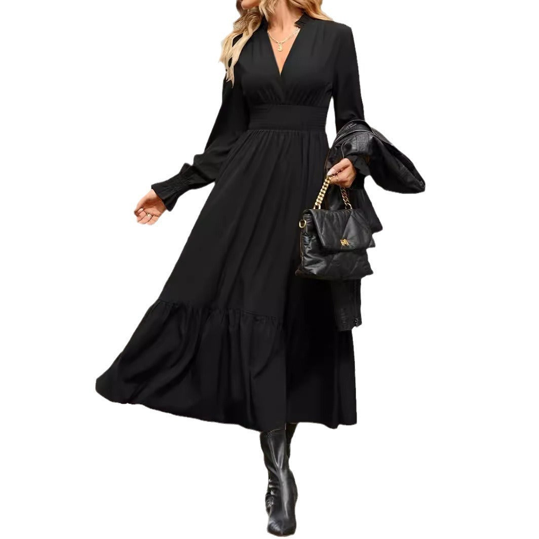 Women's Fashion Lantern Long Sleeve V-neck Dress chicpolly
