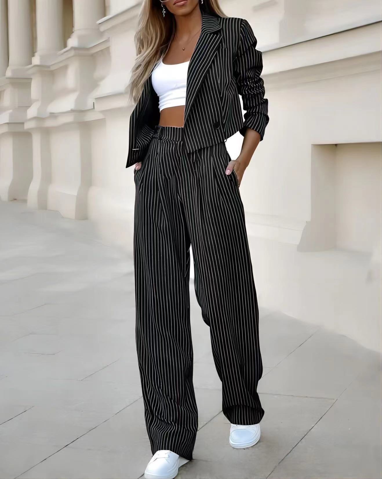 Fashion Striped Suits Casual Lapel Long Sleeve Cropped Top And Straight Pants Outfits Women's Clothing chicpolly