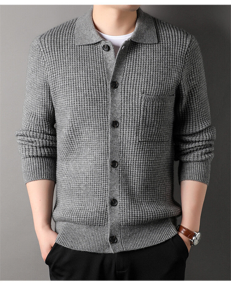 Twist Jacquard Lapel Sweater Cardigan Men's Outer WearTrends Fashion Slim Knit Top Coat chicpolly